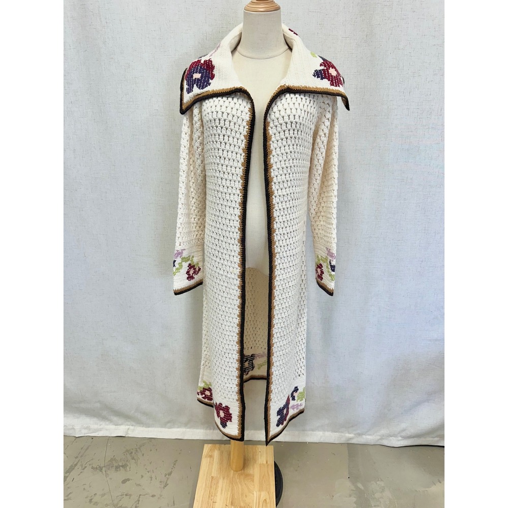 Moda International Crochet Long Cardigan Small Cream Vintage Floral Duster